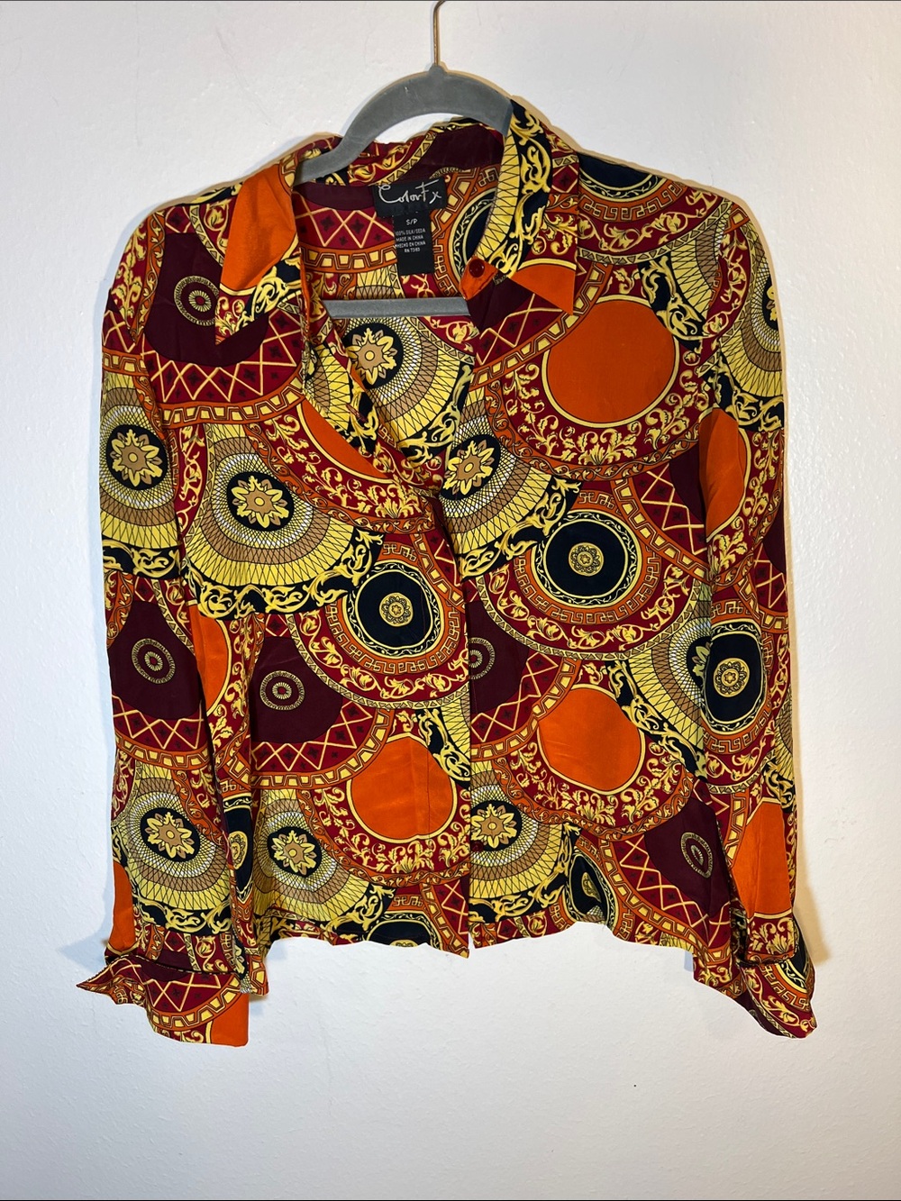 Vintage 90s Does 70s Orange Burgundy Gold Medallion Print Silk Blouse Small